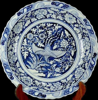 45CM Old Chinese Blue & White Porcelain Plate Dish w/bird CK448