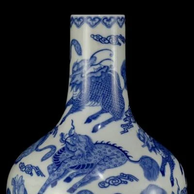 35CM Kangxi Signed Old Chinese Blue and White Vase W/kylin N245