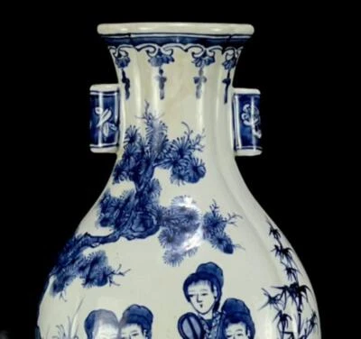34CM Kangxi Signed Old Chinese Blue and White Vase W/figure N1255