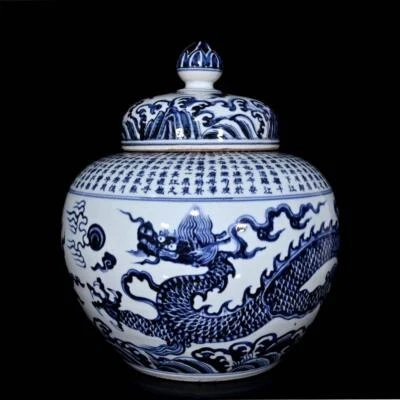 39CM Xuande Signed Old Chinese Blue and White Lid Pot W/ dragon N225