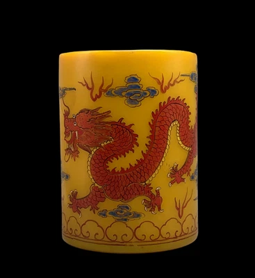 Old Chinese Coloured Glaze Brush Pot W/dragon N4276