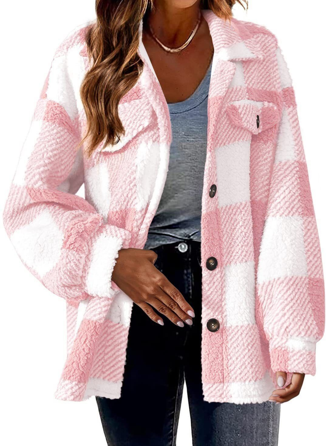 Spot Cross-Border Amazon European and American Autumn and Winter Open Button Lapel Plush Jacket Plaid Pattern Button Jacket to Heattech