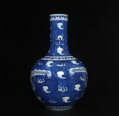 37CM Kangxi Singed Chinese Blue and White Vase W/dragon
