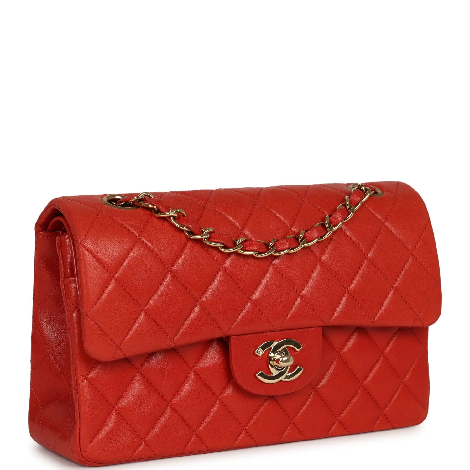 CHANEL Small Classic Double Flap Bag Red Lambskin Gold Hardware