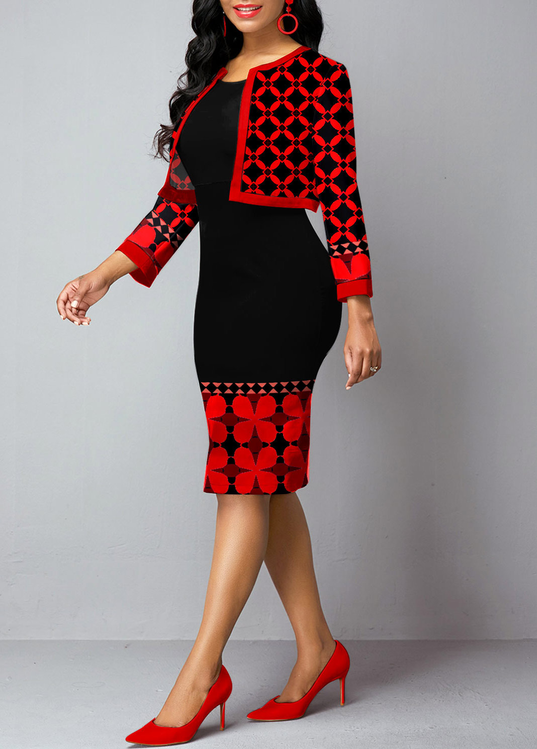 Open Front Tribal Print Cardigan and Sheath Dress