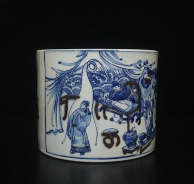 Kangxi Signed Rare Antique Chinese Blue & White Porcelain Brush Pot w/figure