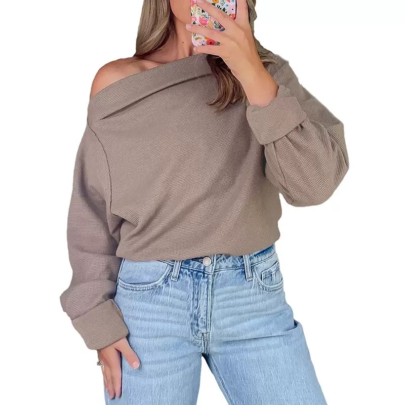 Fashionable Shoulder-Baring Long-Sleeve Solid Color Loose-Fit Sweatshirt
