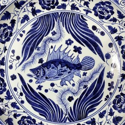 60CM Xuande Signed Old Chinese Blue&White Dish W/fish N952