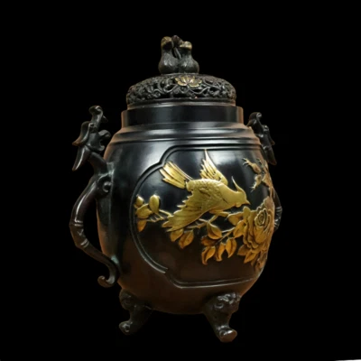 Xuande Signed Old Chinese Red Copper Handmade Incense Burner w/bird N3822