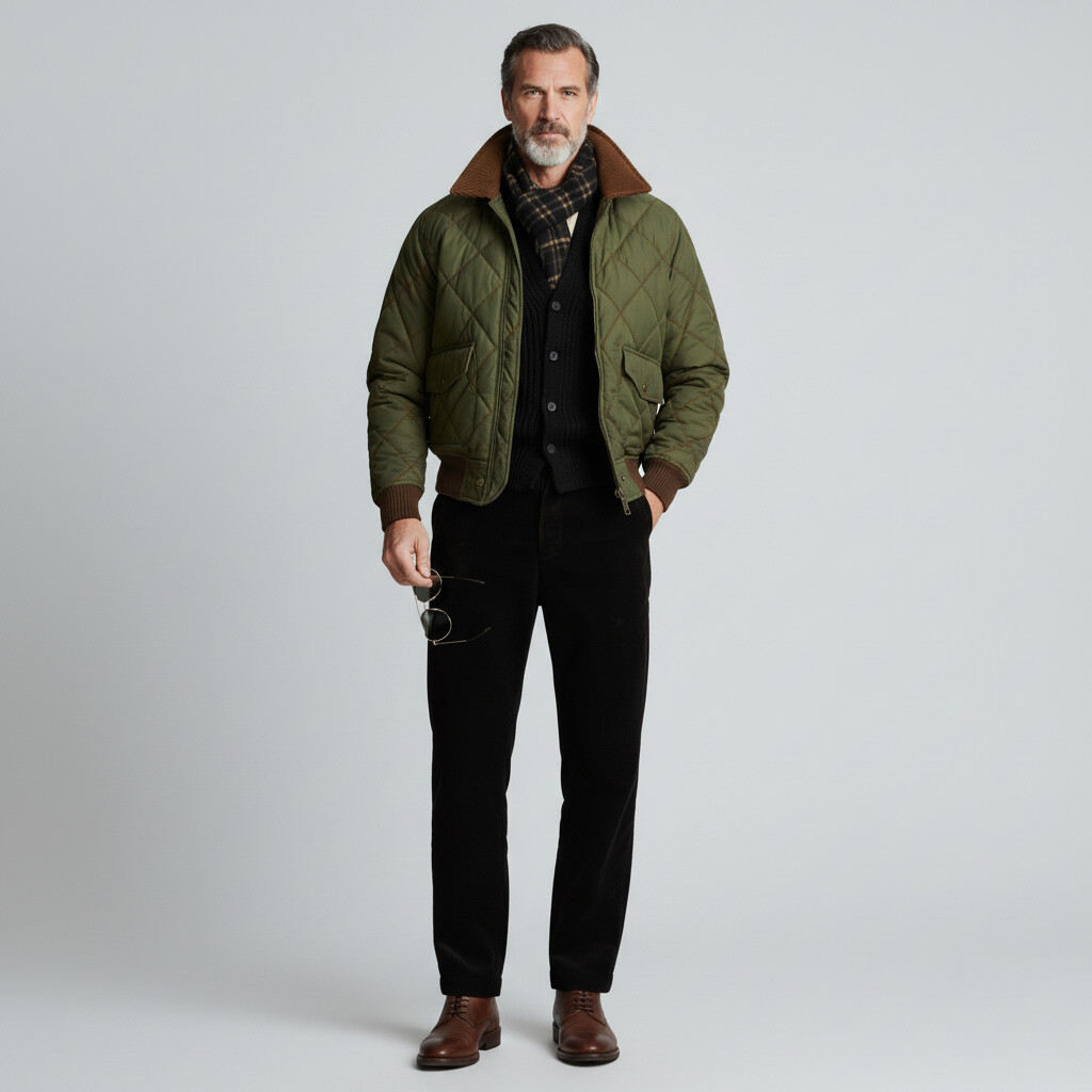 Men's Army Green Contrast Shirt Collar Long Sleeve Flap Pocket Zipper Quilted Jacket