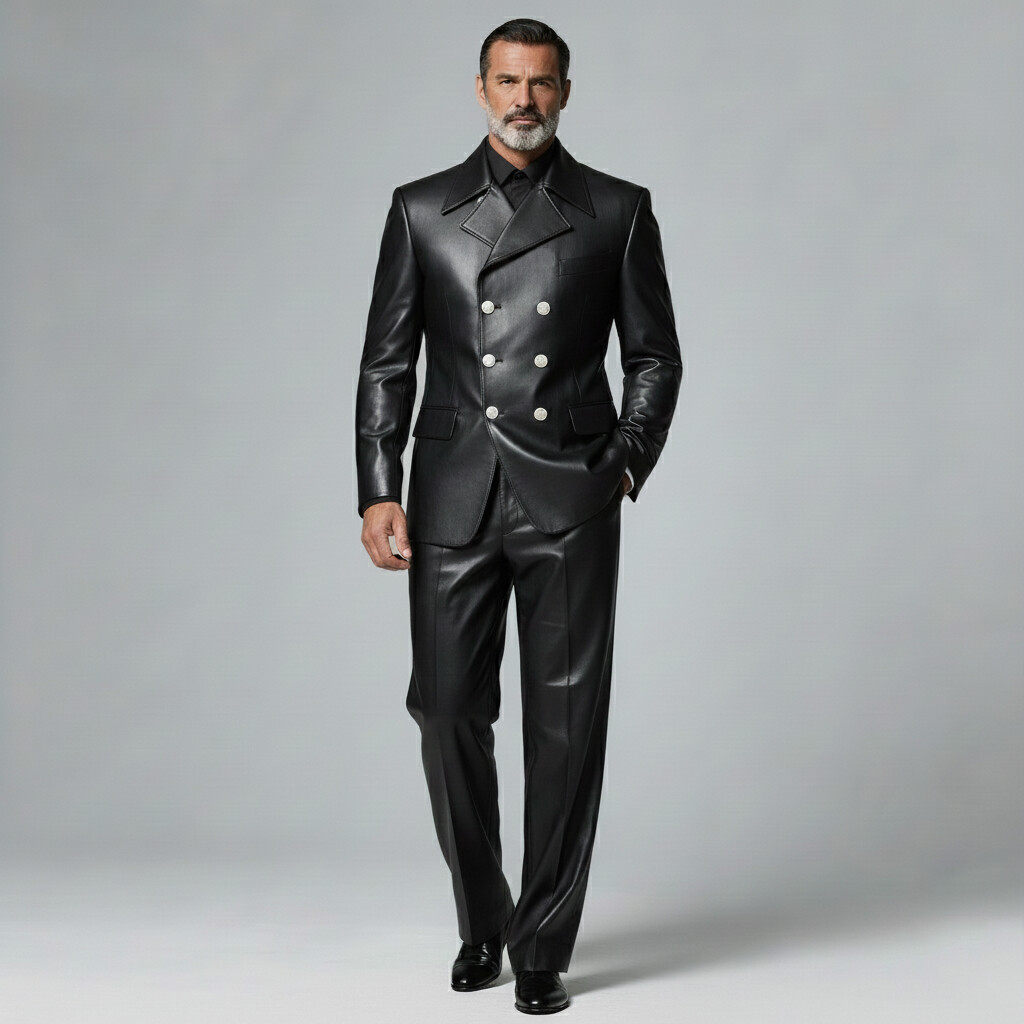 Men's Fashion Black PU Leather Notched Lapel Double Breasted Long Sleeve Blazer & Pants 2Pcs Set