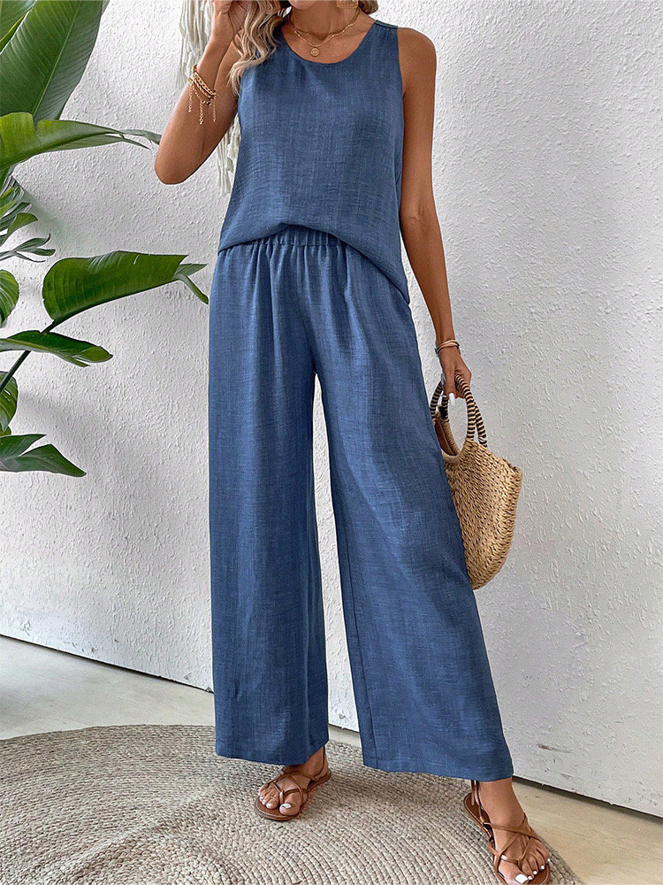 Women's Summer 2 Piece Outfits Sleeveless Crop Top Capri Wide Leg Pants Jumpsuit Linen Lounge Beach Travel Sets