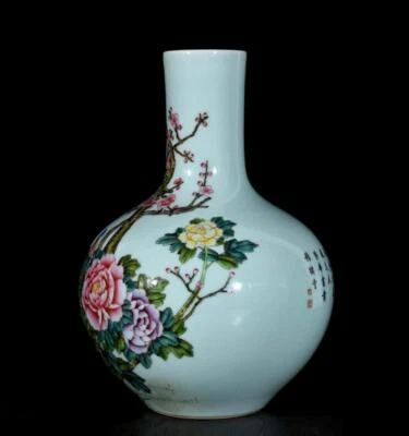 33CM Yongzheng Signed Old Chinese Colour Enamel Vase W/bird N3332