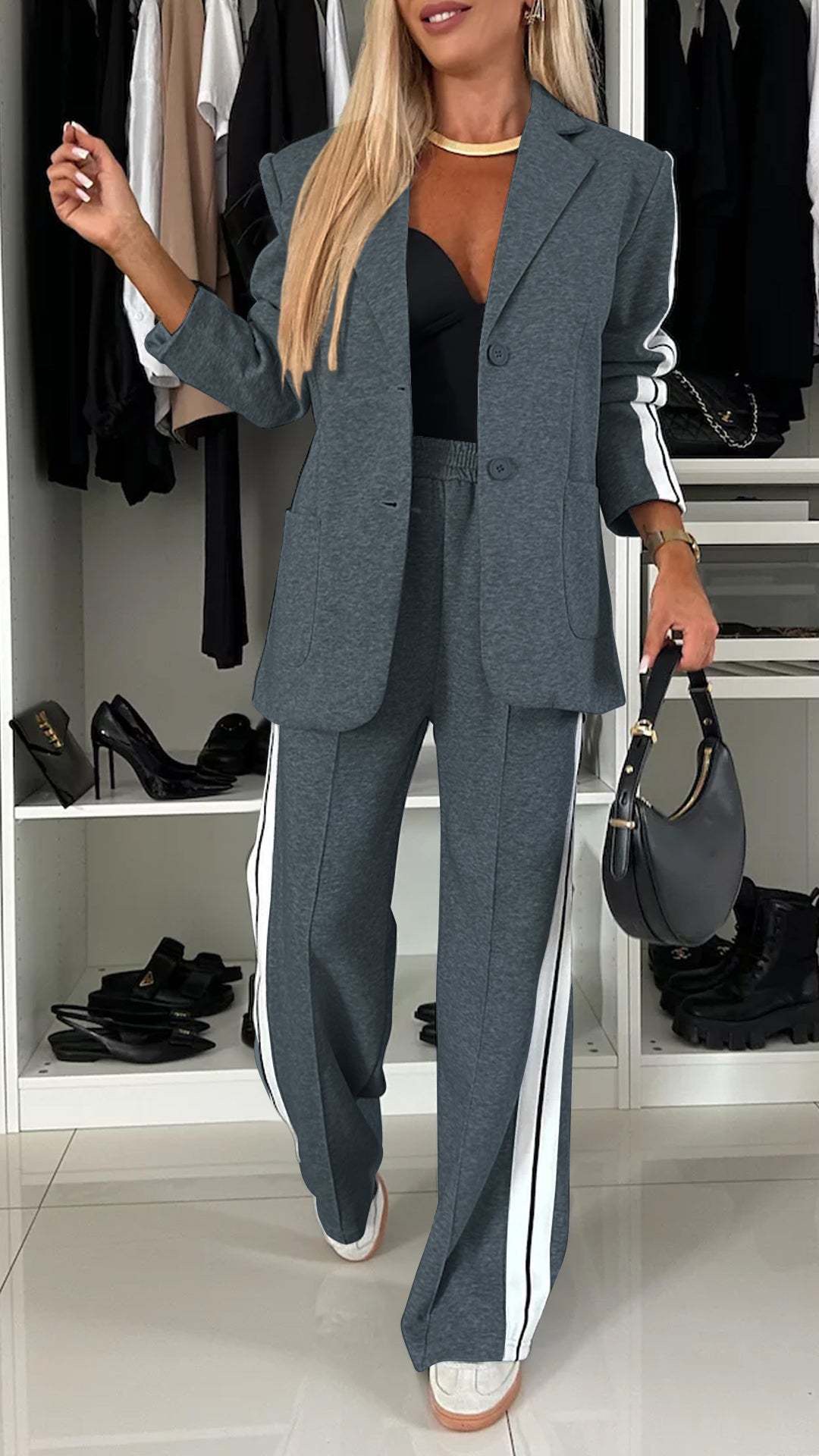 Womens Two Piece Outfits Striped Side Button Blazer and Pants with Pockets Sets Business Casual Pant Suits Set