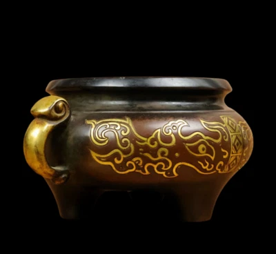 Xuande Signed Old Chinese Red Copper Handmade Incense Burner w/ear N3850