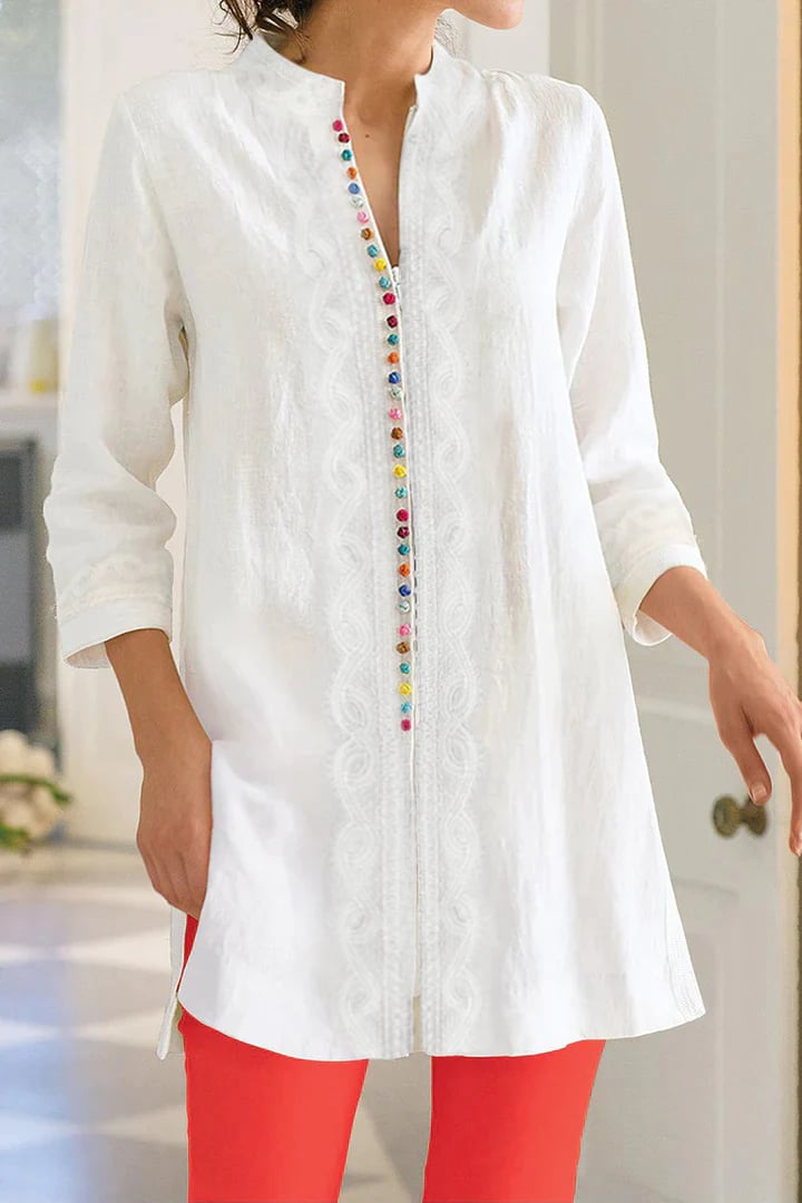 Long Sleeve Colorful Button Up Lace Linen Blouses