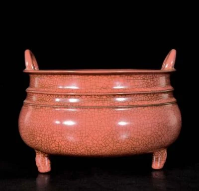 Old Chinese Ru Kiln Red Glaze Incense Burner w/kid N3267