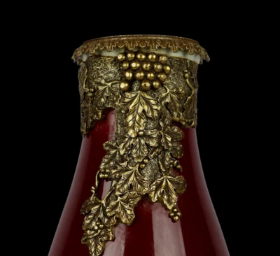 45CM Qianlong Signed Old Chinese Langhong Red Glaze Vase w/lion N4048