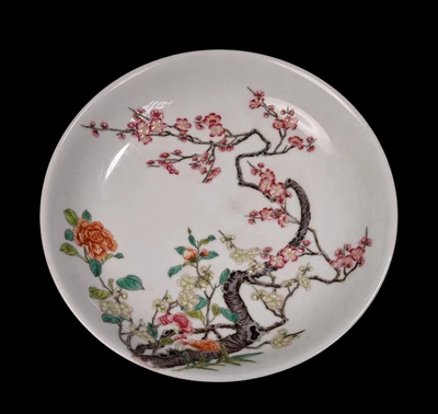 Old Yongzheng Signed Chinese Famille Rose Dish W/plum blossom N4263