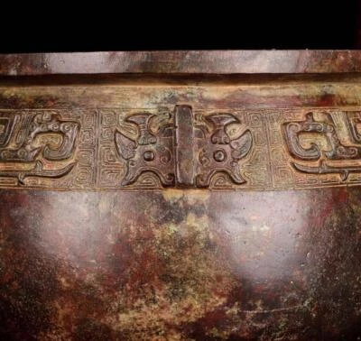 38CM Old Chinese Bronze Statue Pot Ding Incense Burner w/pattern N1733