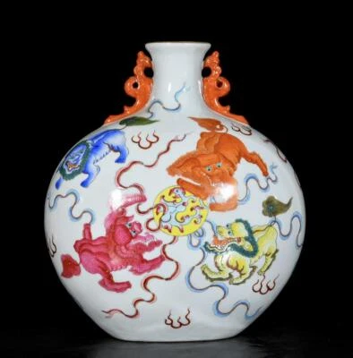 30CM Qianlong Signed Old Chinese Colour Enamel Vase W/lion N3454