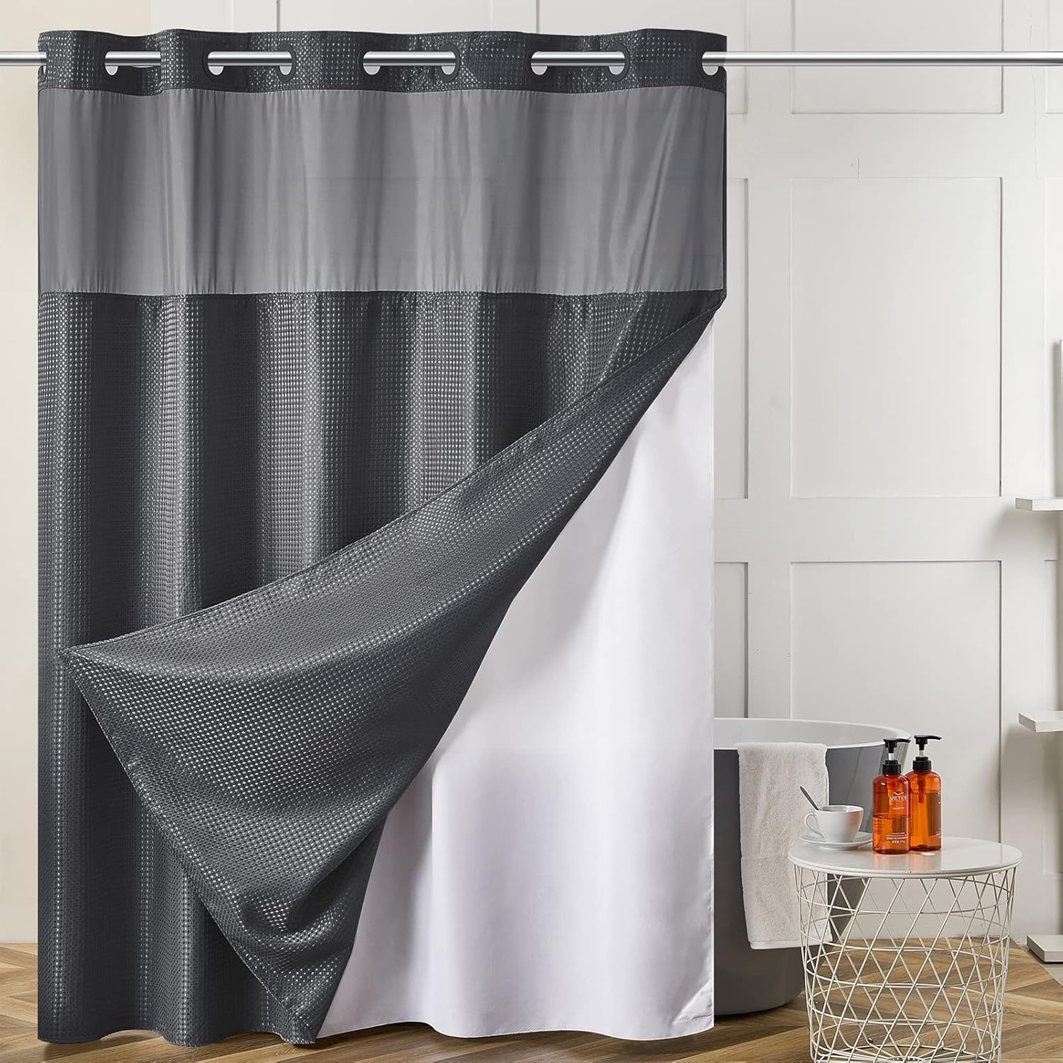 No Hook Waffle Weave Shower Curtain with Snap in Fabric Liner Set,Heavy Duty Textured Bathroom Curtain with See Through Window,Waterproof & Machine Washable