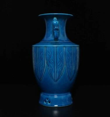 28CM Qianlong Signed Antique Chinese Blue Glaze Porcelain Vase w/pattern