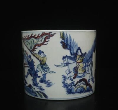 Kangxi Signed Fine Antique Chinese Blue & White Porcelain Brush Pot w/figures