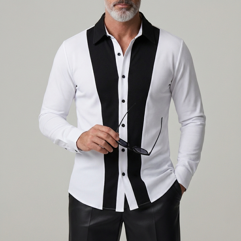 Men's Black White Contrast Shirt Collar Single Breasted Long Sleeve Shirts