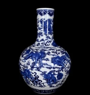 48CM Qianlong Signed Old Chinese Blue and White Vase W/lion N321