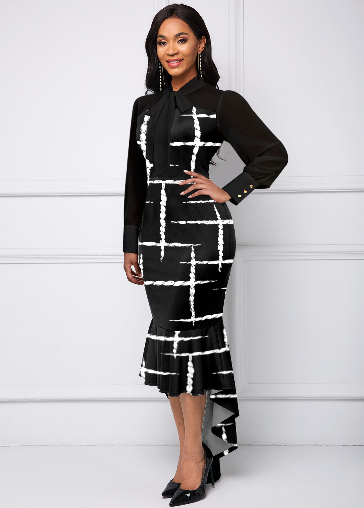 Graffiti Print Patchwork Black High Low Bodycon Dress