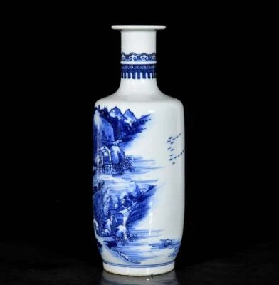 Kangxi Signed Old Chinese Blue and White Vase W/landscape N3557