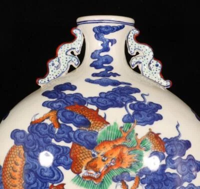 33CM Qianlong Signed Old Chinese Blue and White Vase W/dragon N1535