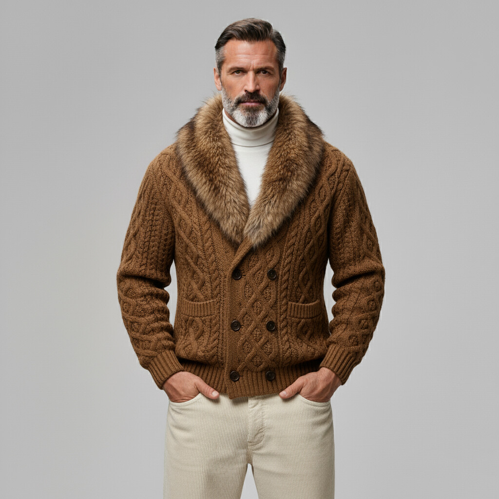 Men's Brown Fur Collar Double Breasted Long Sleeve Patch Pocket Cable Knit Sweater Cardigan