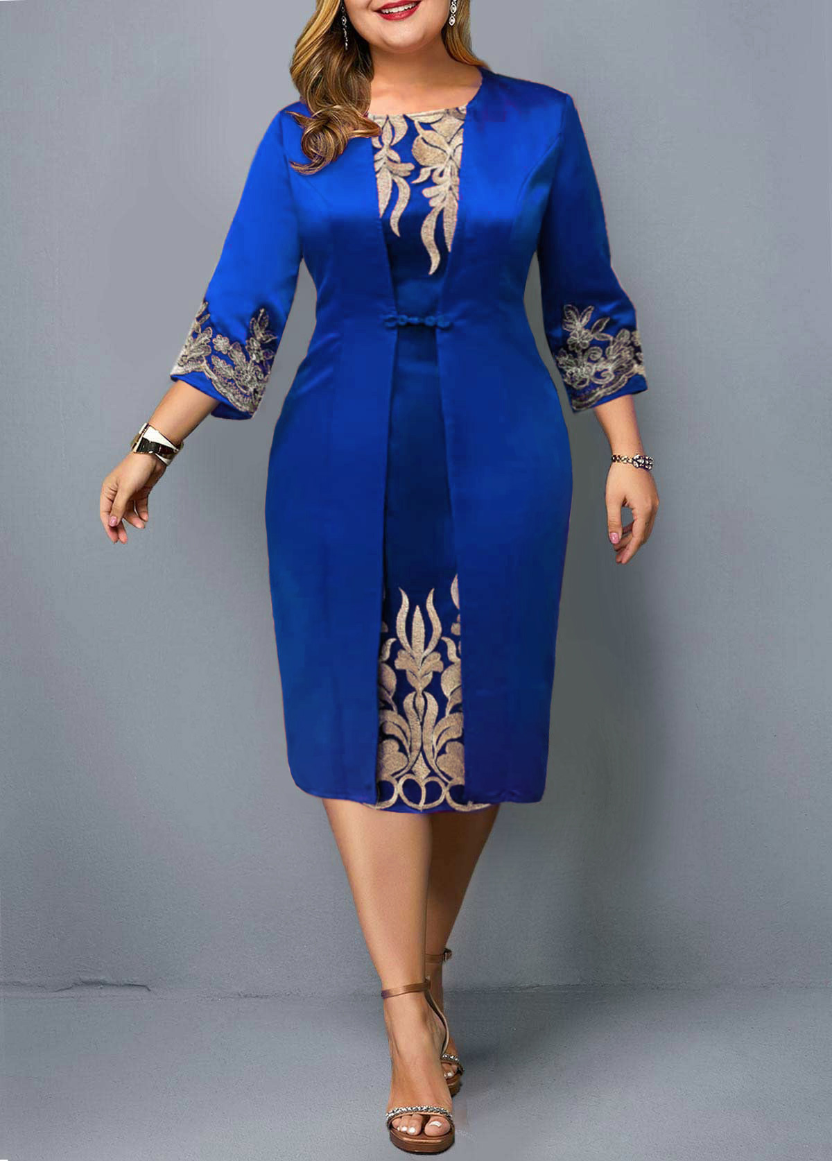 3/4 Sleeve Round Neck Embroidered Dress