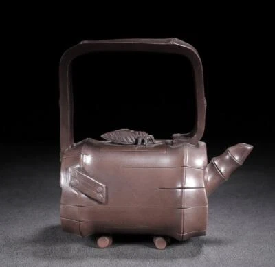 Chen Mingyuan Signed Old Chinese Handmade Yixing Zisha Teapot w/bamboo N2124