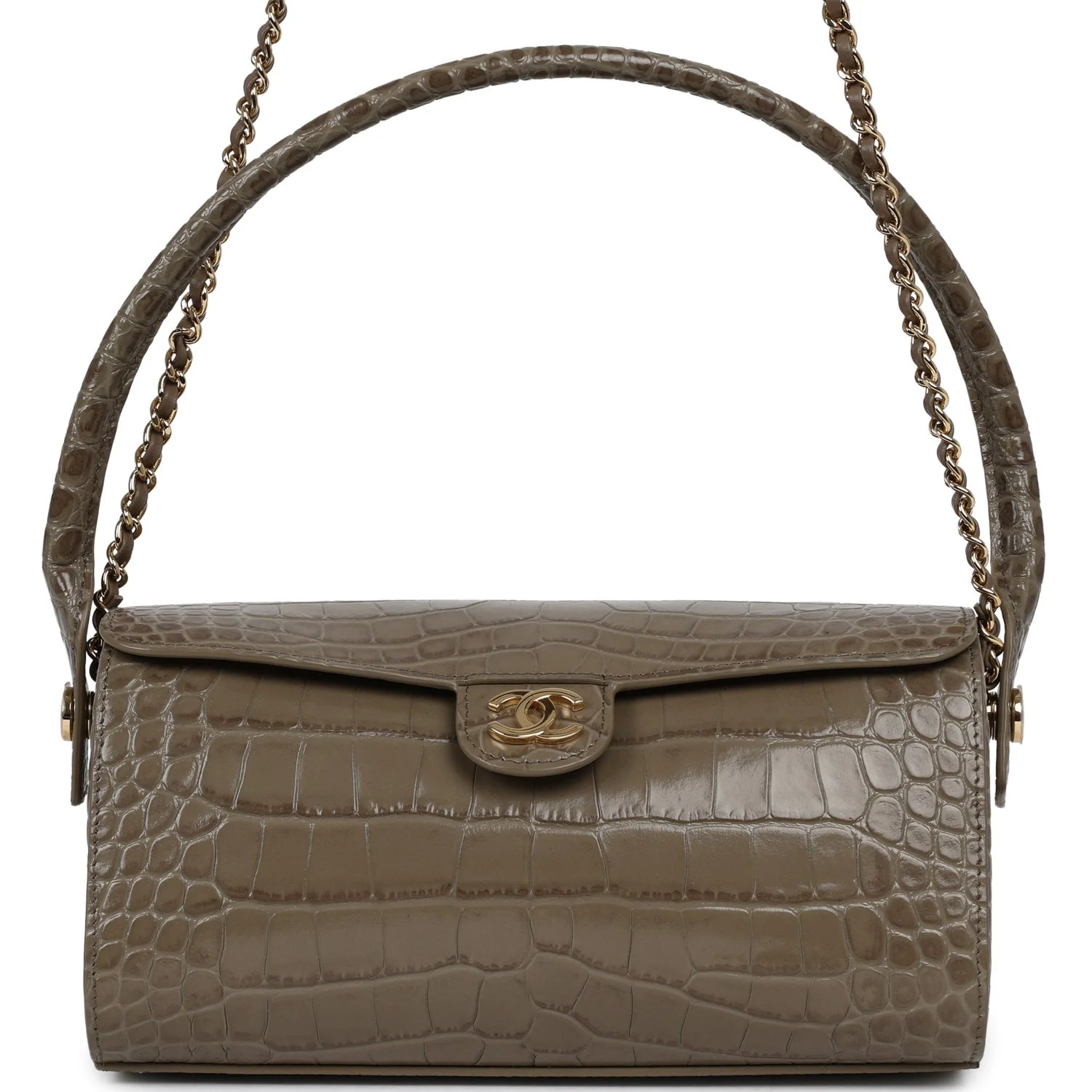 CHANEL Barrel Clutch Bag With Chain Dark Khaki Croc Embossed Calfskin Gold Hardware