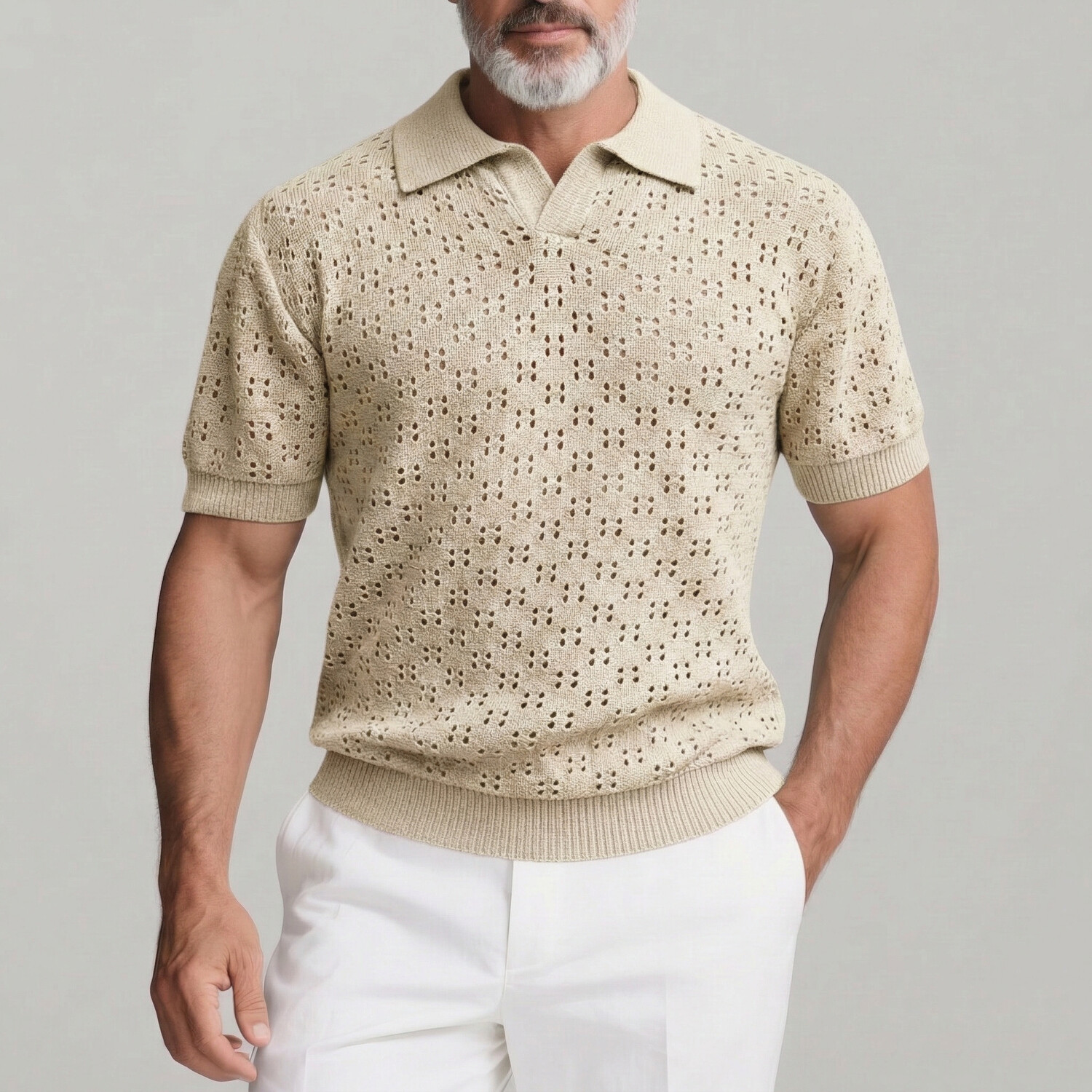 Men's Minimalist Short Sleeve Openwork Knit Polo Shirt