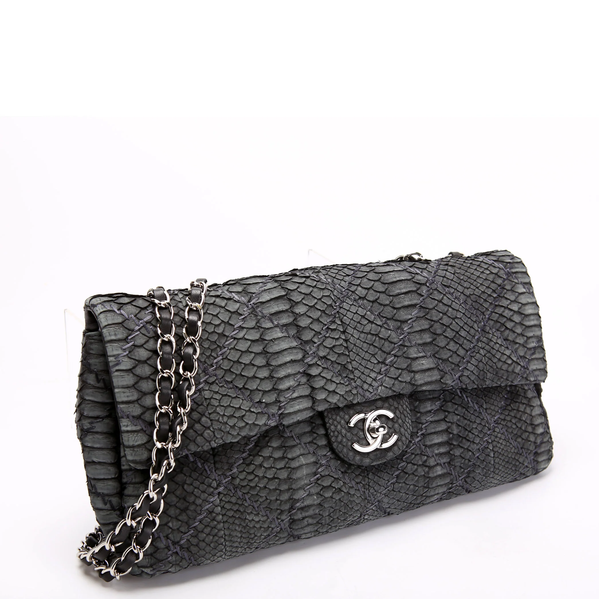 CHANEL Python Stitch Flap Bag 14M Charcoal