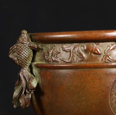 Signed Old Chinese Copper Incense Burner w/fish N4128