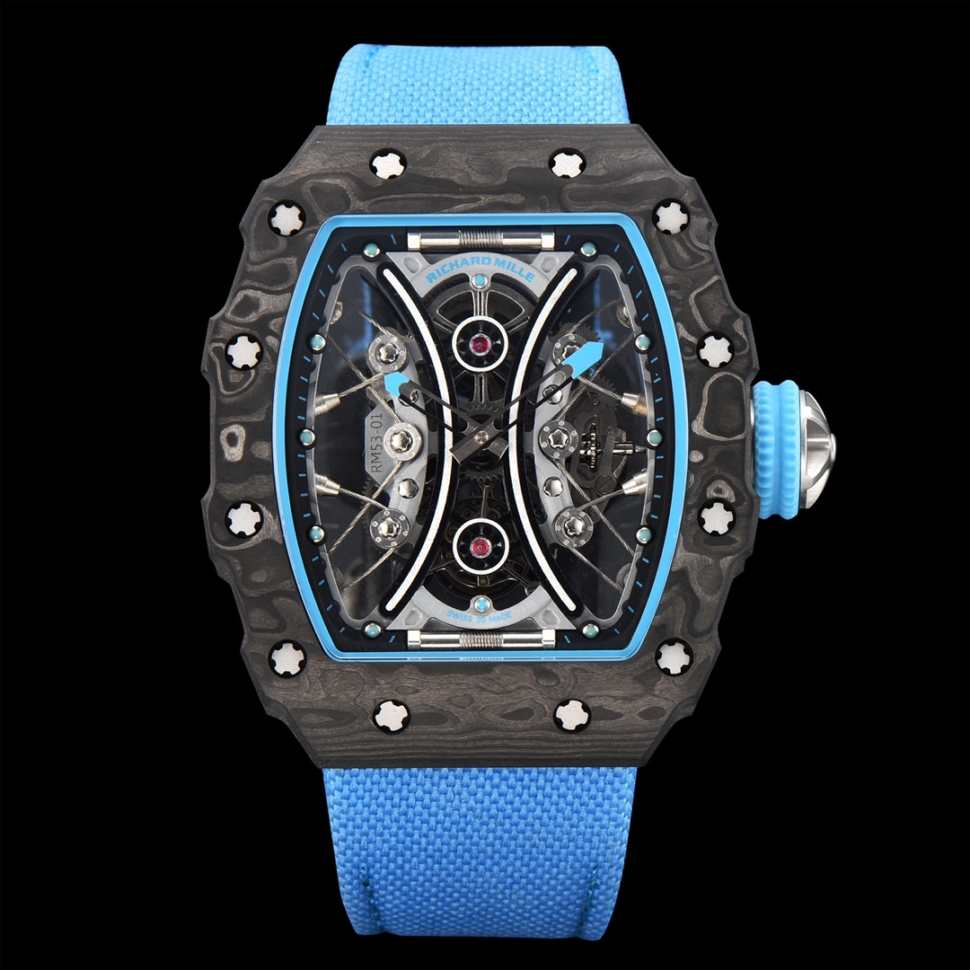【7A Quality】Super Clone Richard Mille RM53-01 Tourbillon Replica Men's Watch Carbon Fiber Case Blue Nylon Strap