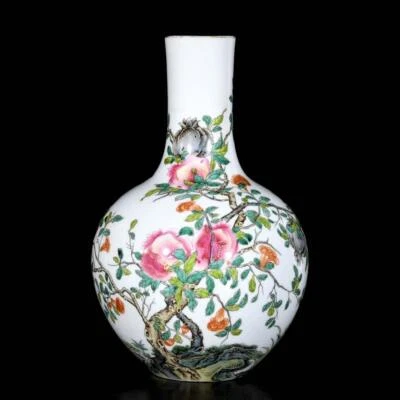 Pair Yongzheng Signed Old Chinese Colour Enamel Vase W/pomegranate N3759