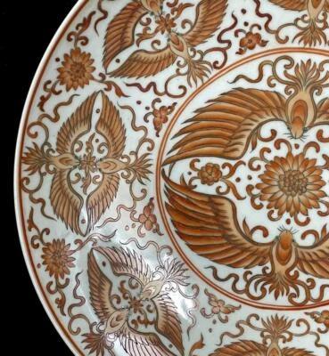 27CM Shendetang Signed Old Chinese Iron Red Dish W/flower N936