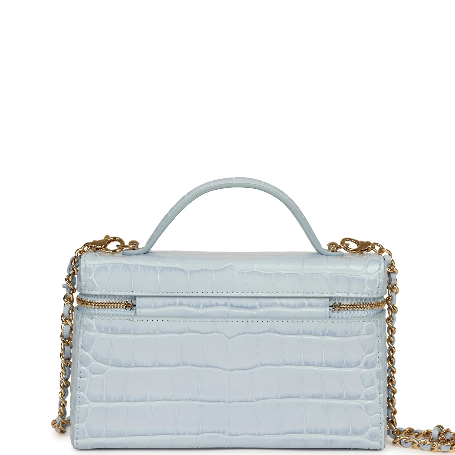 Chanel Top Handle Long Vanity Case with Chain Light Blue Croc Embossed Calfskin Gold Hardware