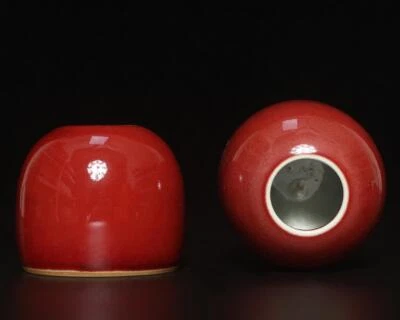 Pair Qianlong Signed Old Chinese Red Glaze Brush Washer