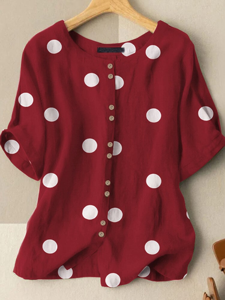 Dot Print Button Front Crew Neck Half Sleeve Blouse