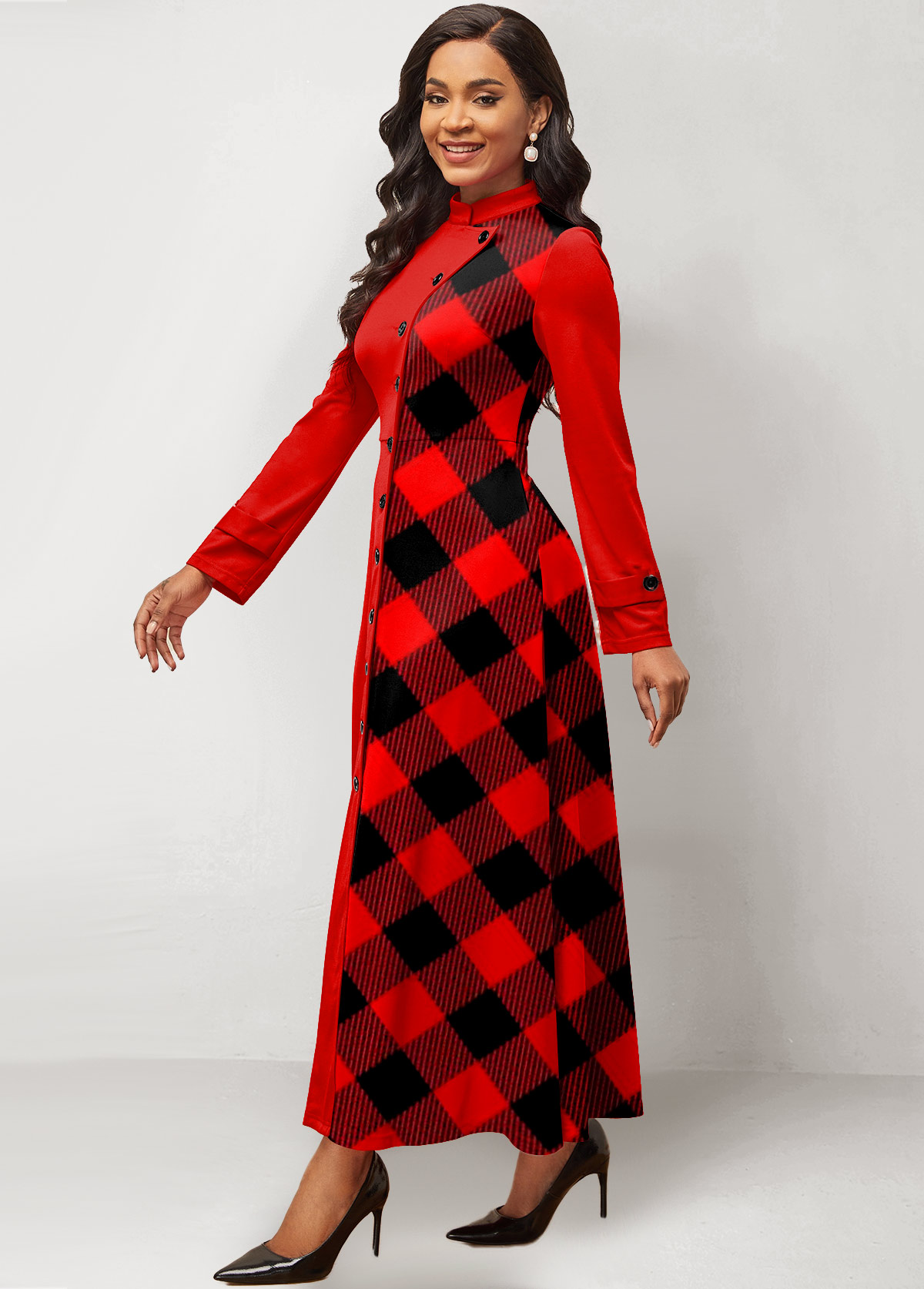 Plaid Patchwork Stand Collar Maxi Dress