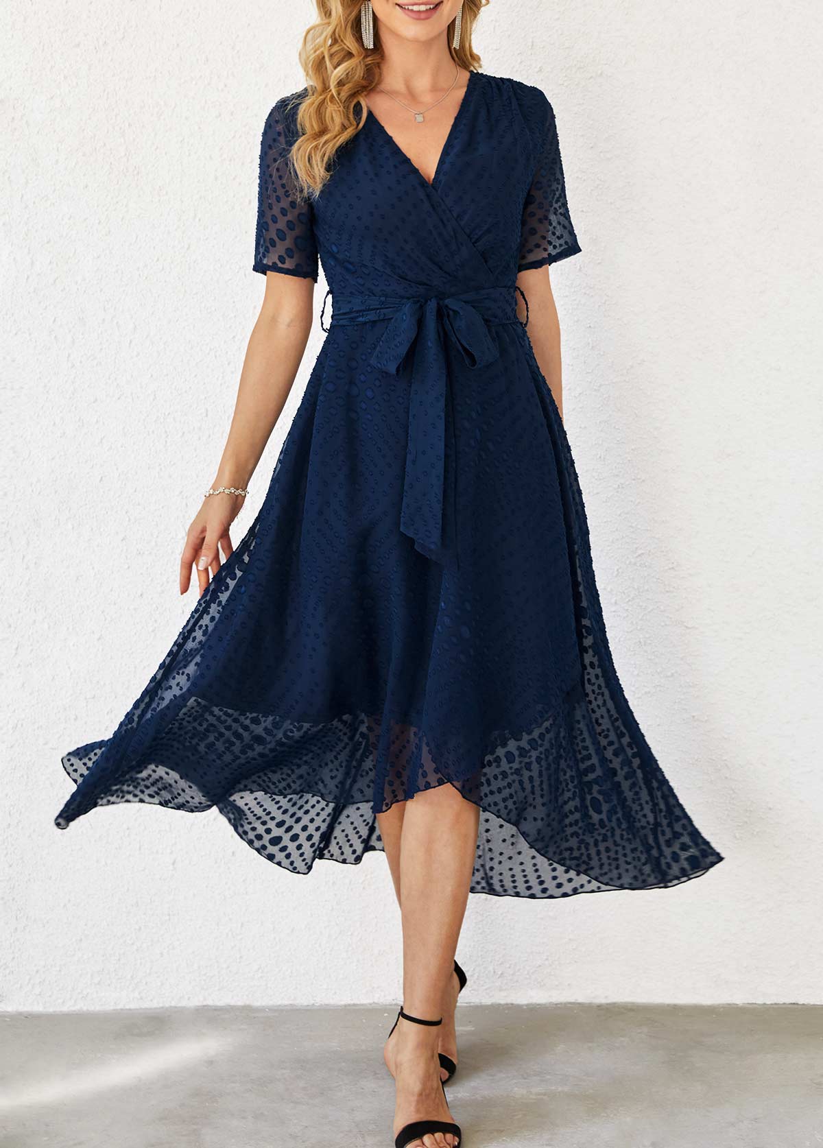 Chiffon Cut Flowers Belted Navy Blue Dress