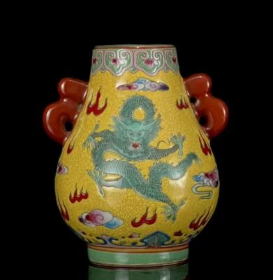 Pair Qianlong Signed Old Chinese Colour Enamel Zun Vase W/dragon N1259