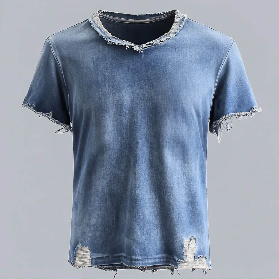 Men's Casual Denim Ripped Raw Edge Crew Neck Short Sleeve T-Shirt